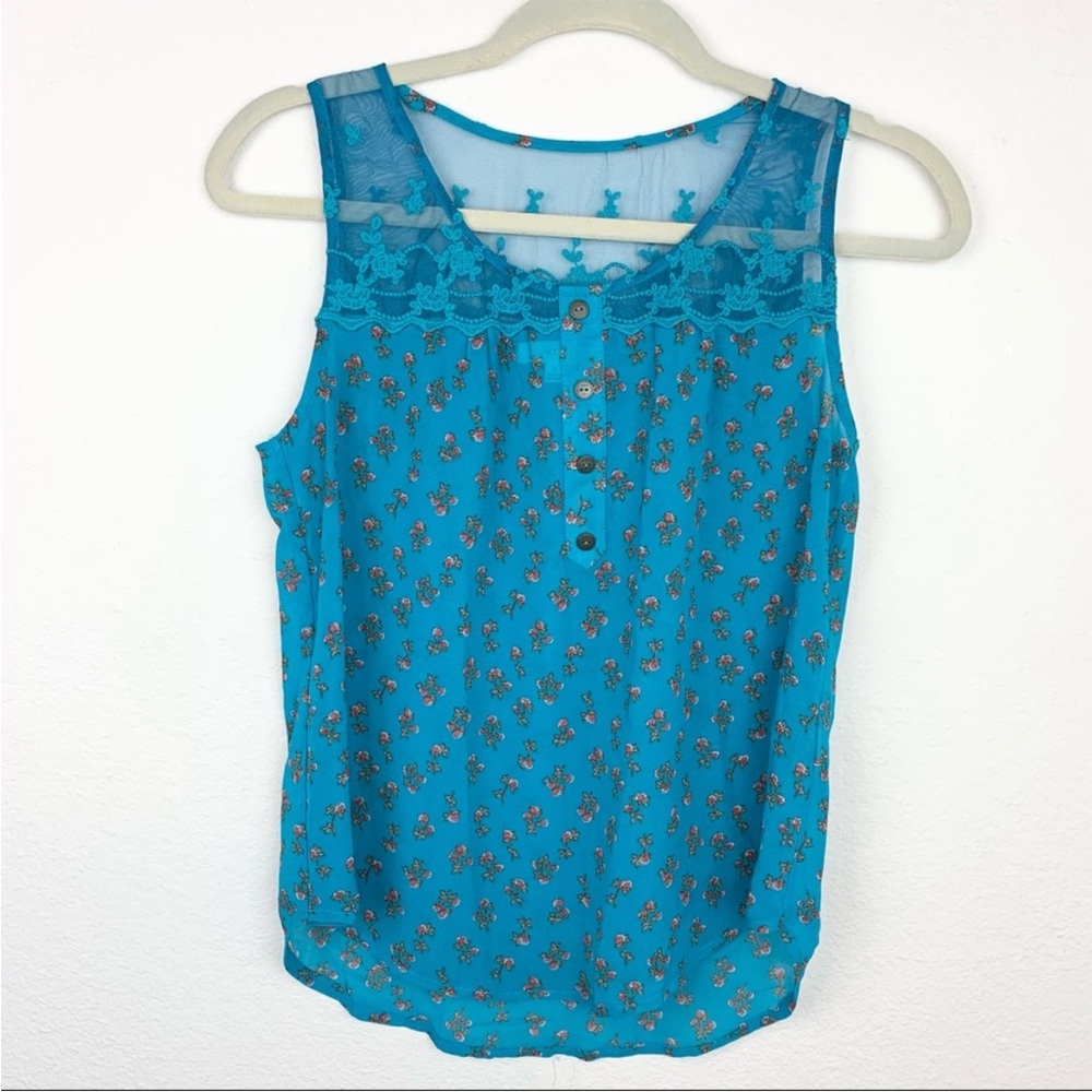Mine Blue Sleeveless Tank Top Blouse Sheer Embroidered